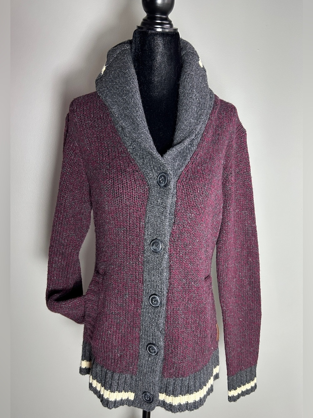 Women's Roots Wool Blend Cabin Shawl Button Up Cardigan Sweater Burgundy Large